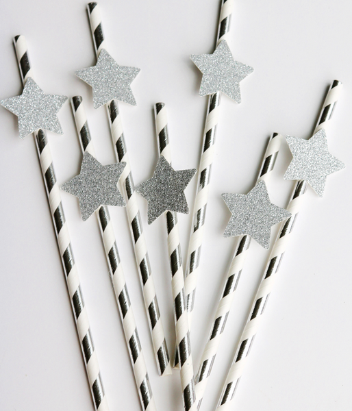 Бумажные трубочки серебряные со звездами (10 шт.) straws-09 фото