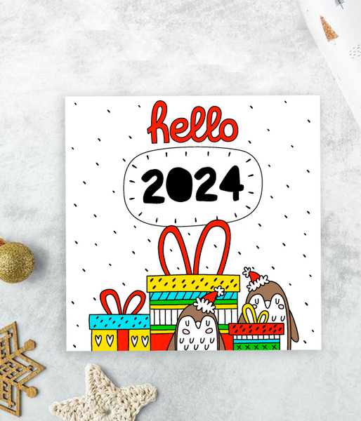 Весела дитяча новорічна листівка з пінгвінами "Hello 2024" (0434007) 0434007 фото