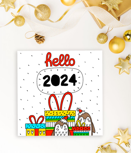 Веселая детская новогодняя открытка з пингвинами "Hello 2024" (0434007) 0434007 фото