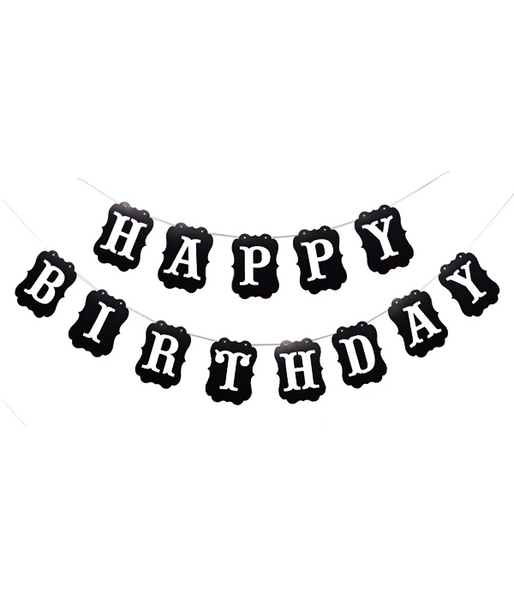 Фигурная бумажная гирлянда "Happy Birthday!" черная с белыми буквами (H-200) H-200 фото