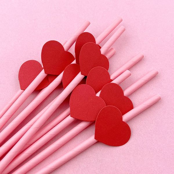 Бумажные трубочки розовые с красными сердечками (10 шт.) straws-61 фото