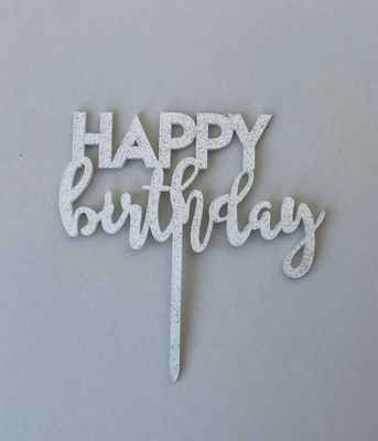 Топпер для торта "Happy birthday" срібний з гліттером (06122) 06122 фото
