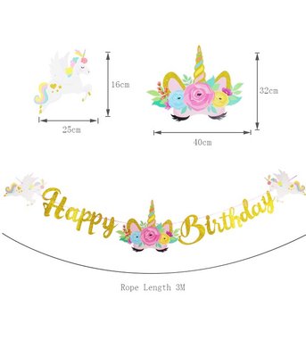 Бумажная золотая гирлянда с единорогами "Happy Birthday" 0202050 фото