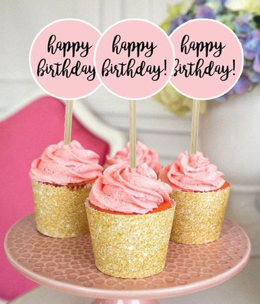 Топпери для капкейків "Happy Birthday" ніжно-рожеві 10 шт (03096) 03096 фото