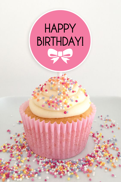 Топпери для капкейків "Happy Birthday" рожеві з бантиками 10 шт (03154) 03154 фото