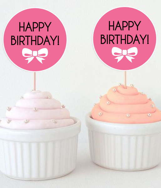 Топпери для капкейків "Happy Birthday" рожеві з бантиками 10 шт (03154) 03154 фото