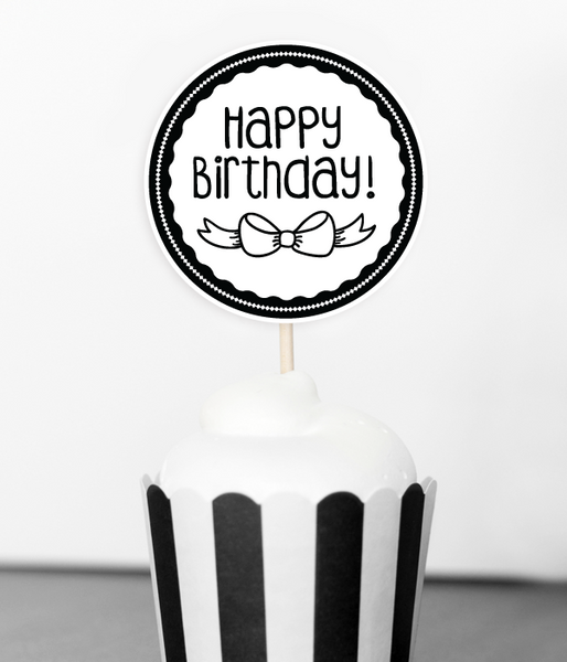 Топперы для капкейков "Happy Birthday" черно-белые 10 шт (02356) 02356 фото