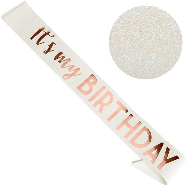 Лента через плечо на день рождения "It&#39;s my Birthday" белая-розовое золо MB02 фото