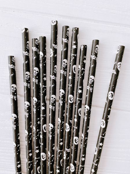 Паперові трубочки чорні з гарбузами та черепами на Хелловін 10 шт (034504) 034504 фото