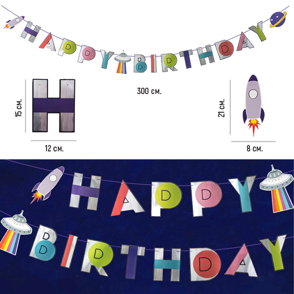 Бумажная гирлянда "Happy Birthday" в стиле космос (01298) 01298 фото