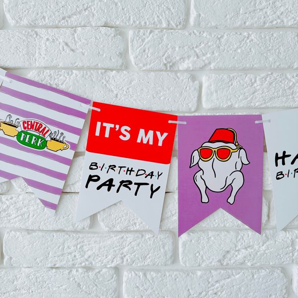 Паперова гірлянда для вечірки у стилі серіалу Друзі "Happy Birthday" 12 прапорів (F3315) F3315 фото