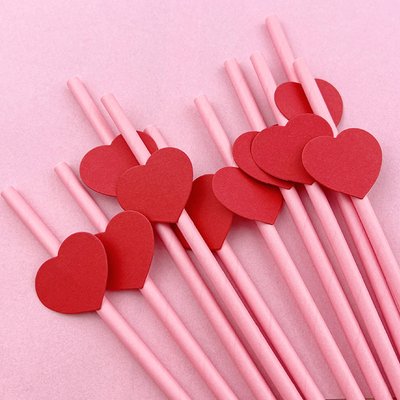 Бумажные трубочки розовые с красными сердечками (10 шт.) straws-61 фото