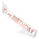 Лента через плечо на день рождения "It's My Birthday" белая с надписью розовым золотом (NJ01447) NJ01447 фото