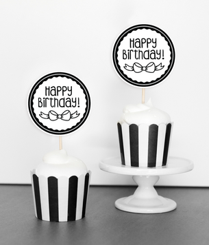 Топпери для капкейків "Happy Birthday" чорно-білі 10 шт (02356) 02356 фото