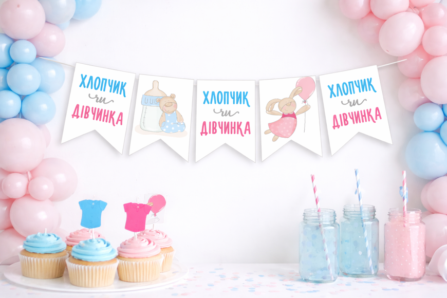 Бумажная гирлянда для гендер пати "Хлопчик або Дівчинка" (8 флажков) 03089 фото